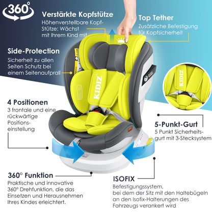 KIDIZ Kindersitz i-Size 0-36kg Isofix 360° drehbar Schwarz